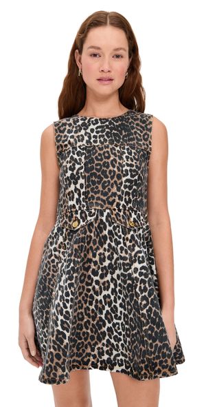 GANNI Print Denim Flounce Mini Dress Almond Milk 38