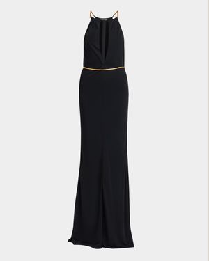 Chain Cutout Sable Jersey Halter Evening Dress