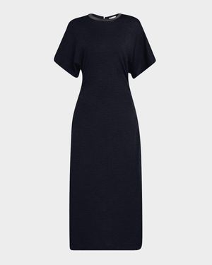 Monili-Neck Short-Sleeve Gathered Wool Jersey Midi T-Shirt Dress