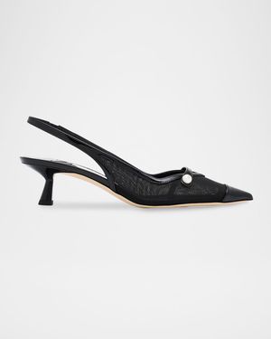 Amita Mesh Pearly-Strap Slingback Pumps