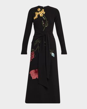 Floral Embroidered Long-Sleeve Tie Waist Midi Dress