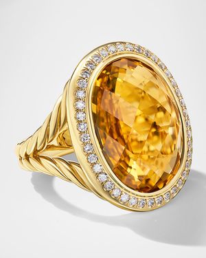 Oval Ring with Gemstone and Diamonds in 18K Gold, 24.5x21mm