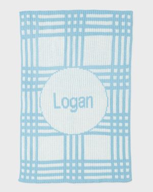 Personalized Plaid Knit Baby Blanket, Light Blue