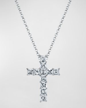 18K Gold 11-Stone Shared Prong Asscher Cut Diamond Cross Necklace, 16"L, 0.75tcw