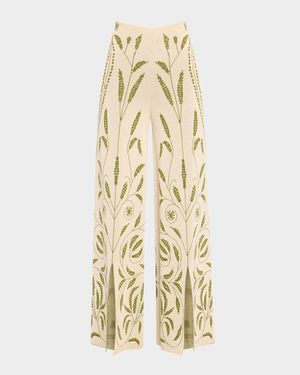 Jorith Wide-Leg Botanical Jacquard Knit Pants