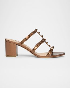 Rockstud Caged Metallic Leather Slide Sandals