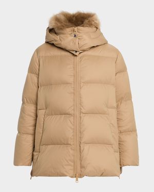 A-Line Down Jacket with Removable Hood & Fur Trim
