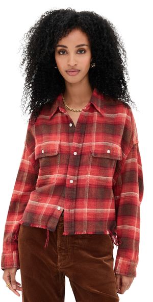 R13 Cropped Work Flannel Shirt Red/Black/Cream Plaid M
