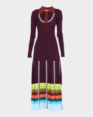 Striped Rib Long-Sleeve Maxi Polo Dress