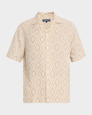 Men's Roberto Linen Angra Raffia-Print Camp Shirt