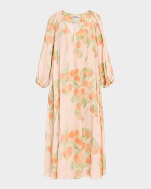 Peach Print Puff-Sleeve Linen Dress