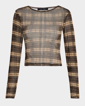 Plaid Silk-Mesh Long-Sleeve Top