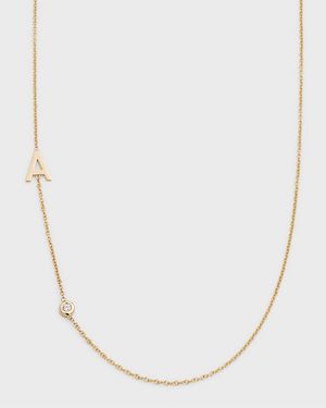 14K Gold Asymmetrical Initial and Bezel Diamond Necklace, 16-18"L