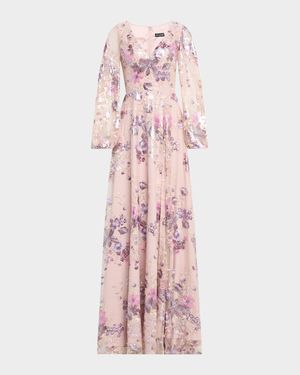 Balloon-Sleeve Metallic Embroidered Gown