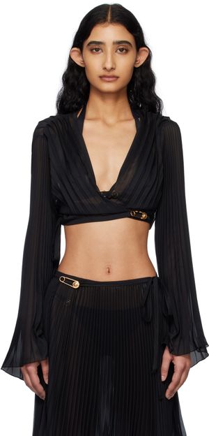 Versace Underwear Black Safety Pin Pleated Cover-up Top