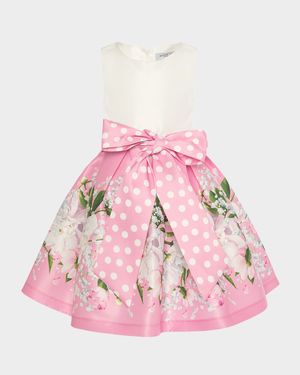 Girl's Sleeveless Floral & Polka Dot Dress with Bow, Size 3T-12
