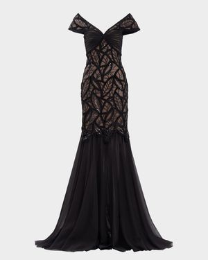 Cap-Sleeve Sequin Velvet Lace Gown