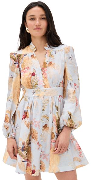 Zimmermann Ascension Plunge Mini Dress Light Blue Palm Floral 0P