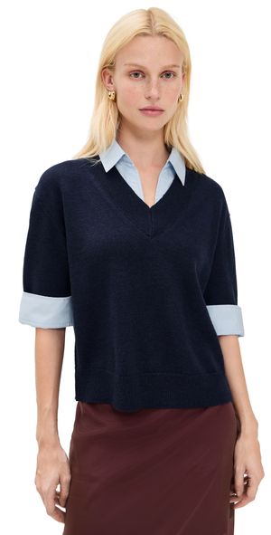Tanya Taylor Esme Sweater Combo Top Maritime Blue Melange/Oxford L
