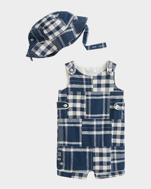 Boy's Patchwork-Print Overalls & Hat Set, Size 3M-12M