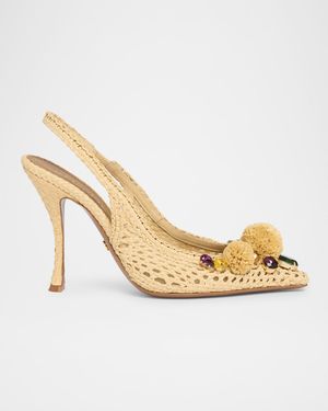 Raffia Crochet PomPom Slingback Pumps