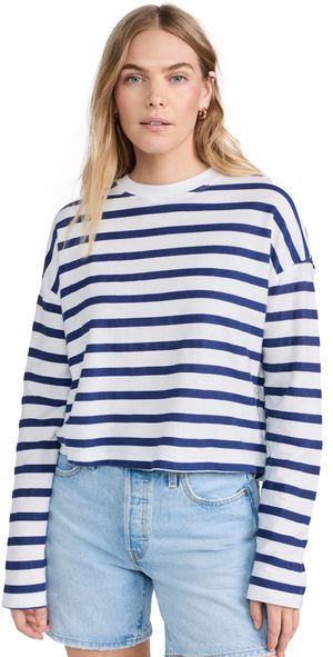 ASKK NY Printed Cropped Long Sleeve Top Thin Navy Stripe 0