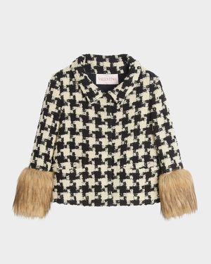 Faux-Fur Macro Houndstooth Tweed Jacket