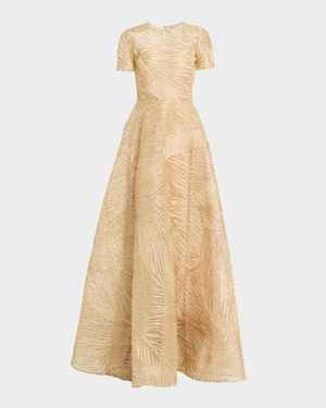Metallic Raffia Embroidered Short-Sleeve Gown