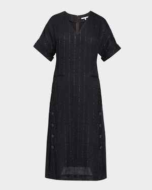 Striped Side-Button Linen-Blend Dress