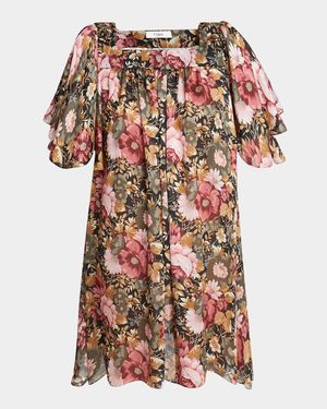 Rose Print Pleated Mini Silk Dress