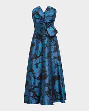 Strapless A-Line Floral Jacquard Midi Dress