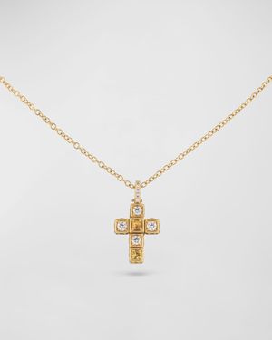 18K Yellow Gold Faro Cross Adjustable Necklace with Diamond and Yellow Sapphire Cubes