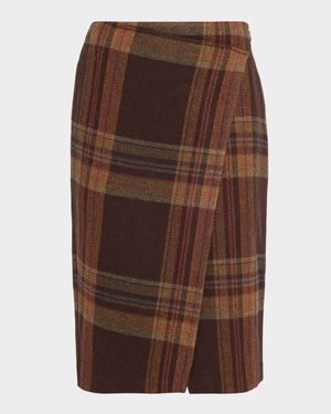 Plaid Tweed Faux Wrap Midi Skirt