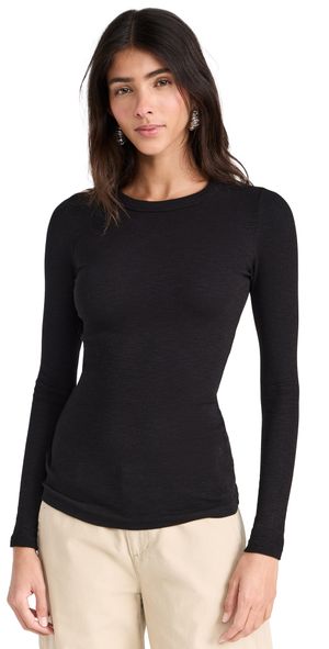Enza Costa Textured Rib Long Sleeve Crew Tee Black L