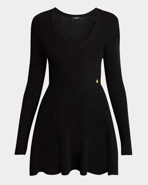 Plunging Long-Sleeve Rib Knit Mini Dress