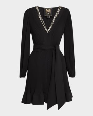 Pleated Crystal-Embellished Chiffon Mini Dress
