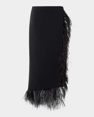 Feather-Trim Wool Stretch Double Face Midi Wrap Skirt