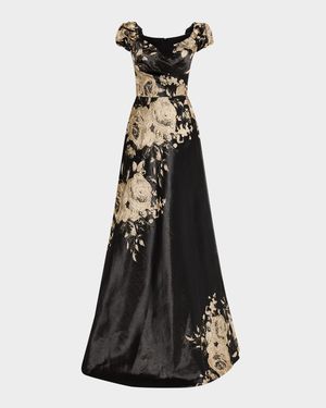 Cap-Sleeve Floral Metallic Jacquard Gown