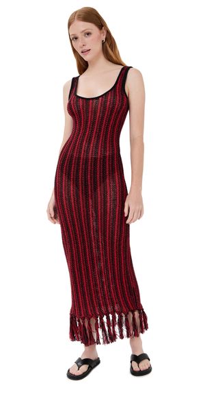 The Elder Statesman Stripe Scoopneck Fringe Dress Black/Tomato L