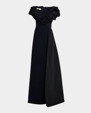 A-Line Ruffle Taffeta and Crepe Gown