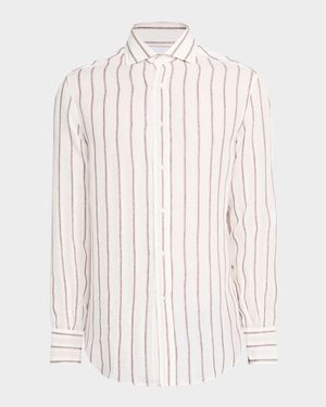 Men's Linen and Cotton Slim-Fit Textured Stripe Button-Down Shirt