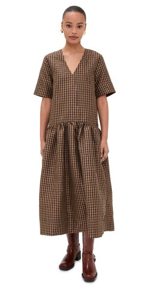 GANNI Crinkled Taffeta Check Long Dress Tobacco Brown 38