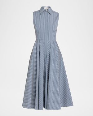 Sleeveless Striped Circle-Cut Midi Shirtdress