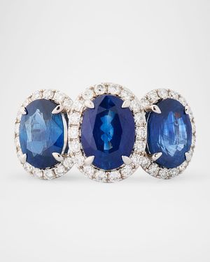 18K White Gold 3-Stone Blue Sapphire and Diamond Ring, Size 6.5