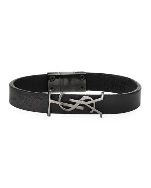 Leather YSL Monogram Bracelet, Black, Size Small