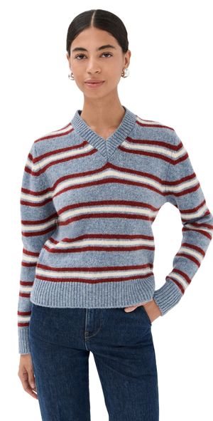&Daughter Shetland Stripe V Neck Pale Blue Stripe L