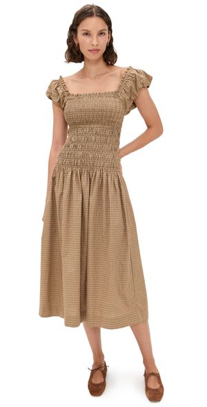 WAYF Cassidy Smock Midi Dress Khaki Plaid M