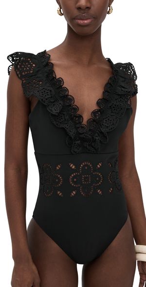 Sea Babette Eyelet V-Neck Ruffled One Piece Black XXS