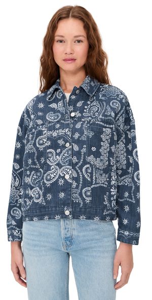 Free People Opal Swing Printed Denim Jacket Navy Combo/Bandana S