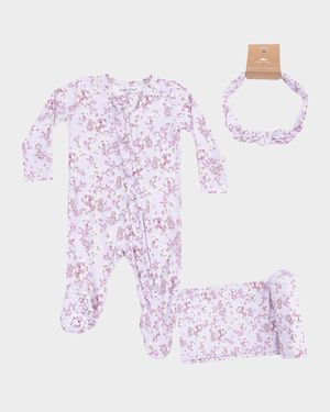 Girl's Sweet Dream Floral 2-Way Zip Footie, Headband & Blanket Set, Size Newborn-9M